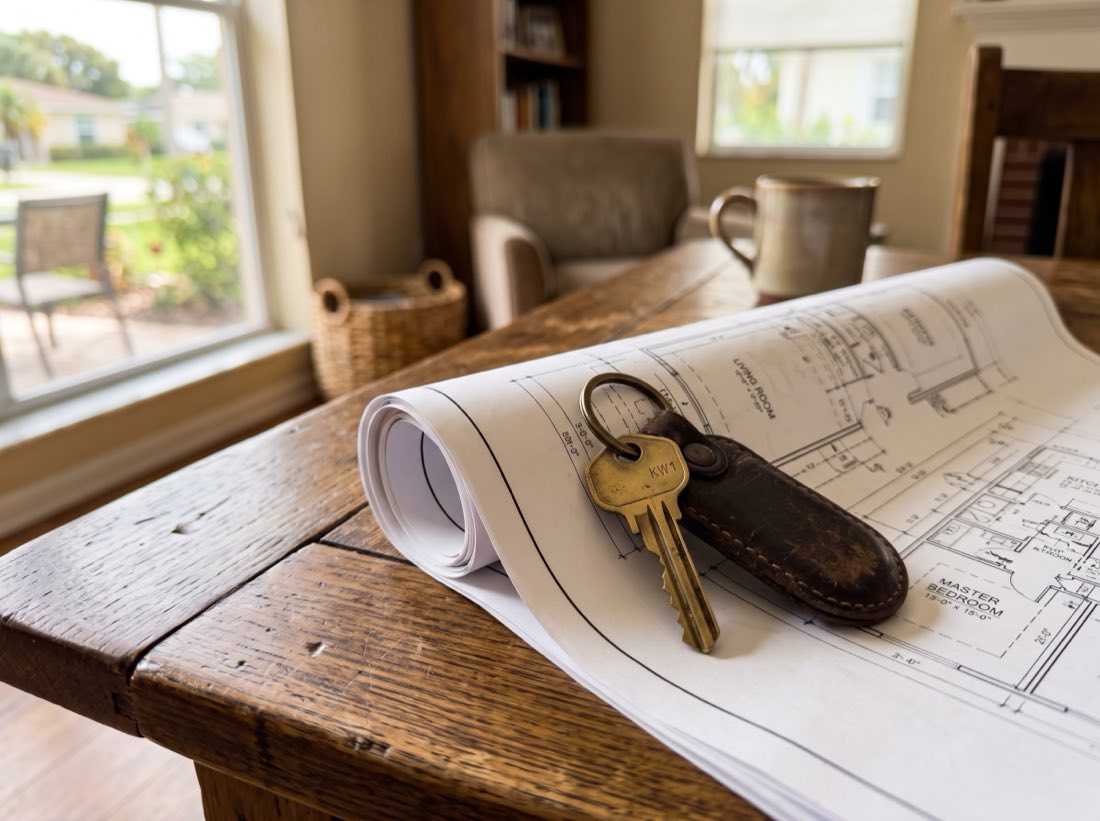 A house key on a leather fob resting on architectural floor plans