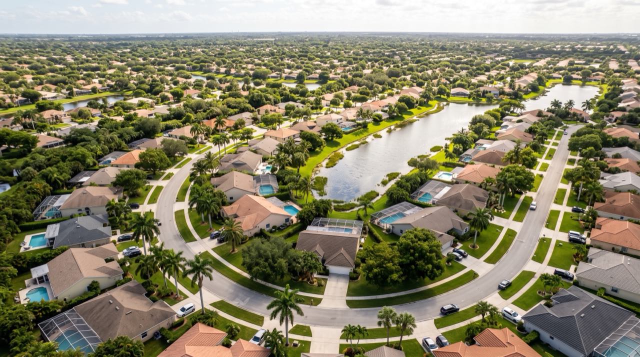 Aerial view of a southwest Broward suburban neighborhood with lakes, pools, and palm-lined streets